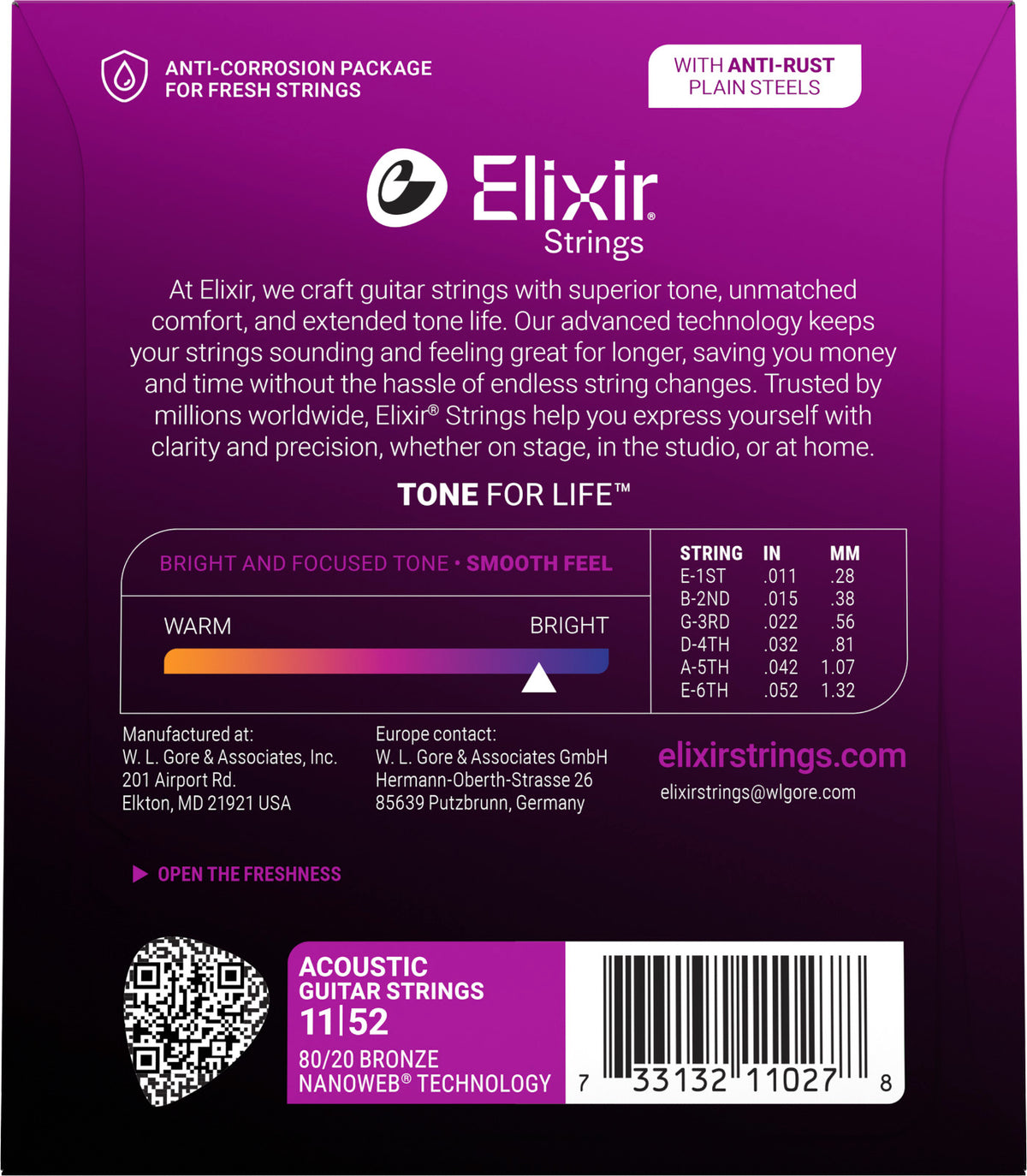Elixir Nanoweb Bronze Phosphor Bronze Custom Light 11-52